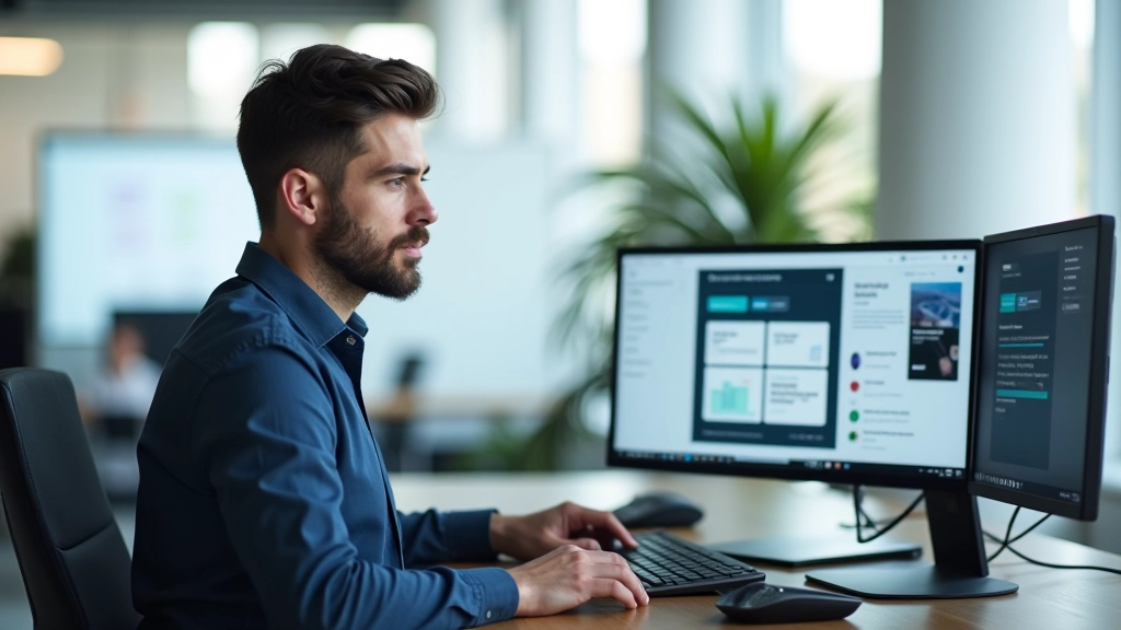 Designer arbeitet an Akkordeon-Interface mit mehreren einklappbaren Abschnitten auf großem Monitor